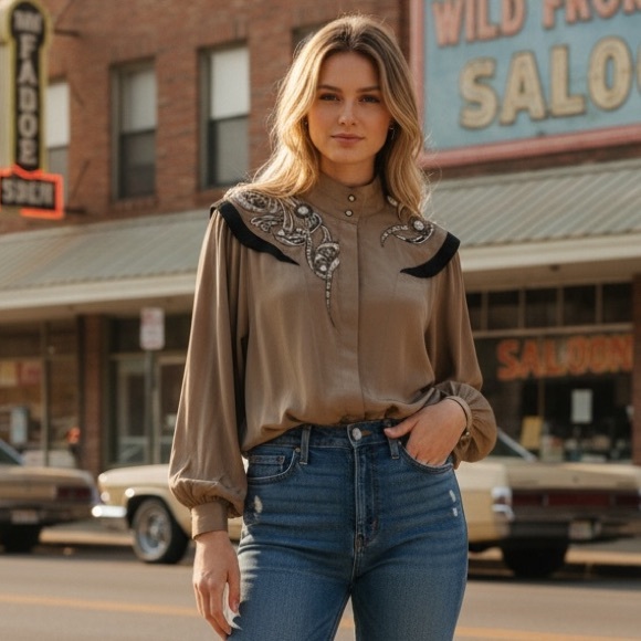 Tops - Vintage Joseph Ho 100% Silk Blouse Embellished Western Boho Top Women’s Size 10